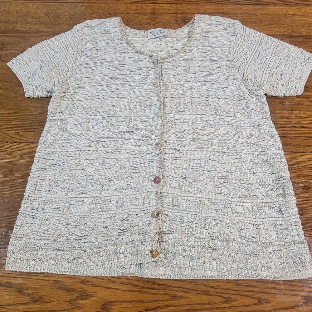 Vintage 90s Reba Rose Top Womens Medium Knit Button Up Cardigan Short Sleeve USA